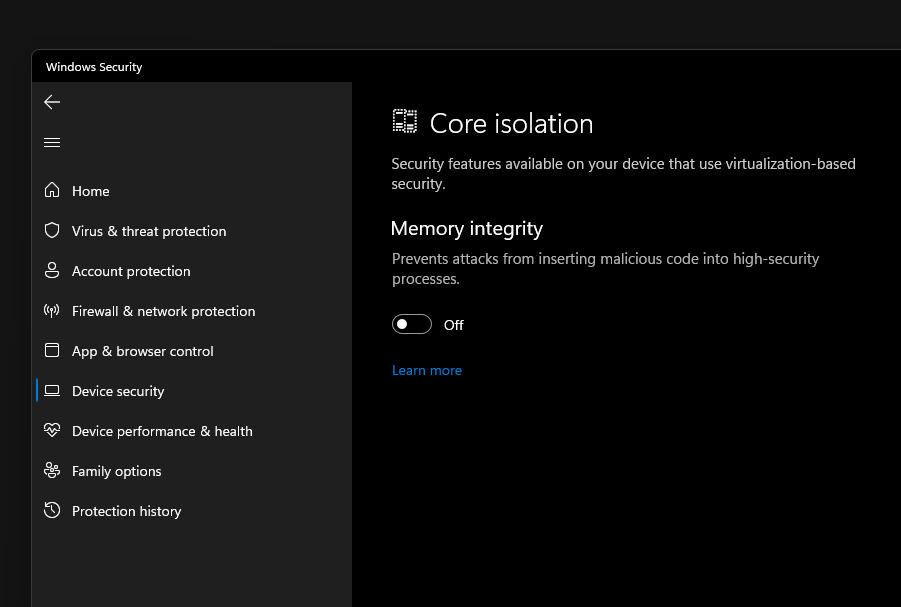 Windows Core Isolation settings with Memory integrity disabled
