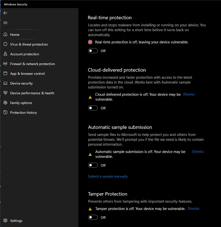Windows Defender settings with all sliders disabled